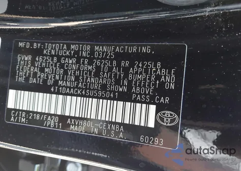 2025 Toyota Camry Le из США, поврежденный, VIN 4T1DAACK4SU595041